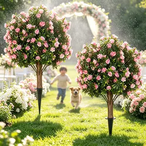 2-Pack UV-Resistant Artificial Boxwood Topiary Ball Trees with Pink Flowers, 24-in Faux Greenery Shrubs, Decorative Fake Plants for Garden, Porch with Ground Spike