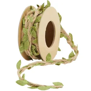 Artificial Leaf Ribbon, 1 Count Natural Jute Twine Ribbon with Artificial Leaves for Crafts, Wedding, Jungle Party, Home Decorations