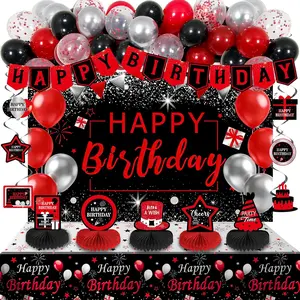 Black Red Birthday Decoration Set Banner Backdrop Honeycomb Centerpiece Balloons Arch Kit