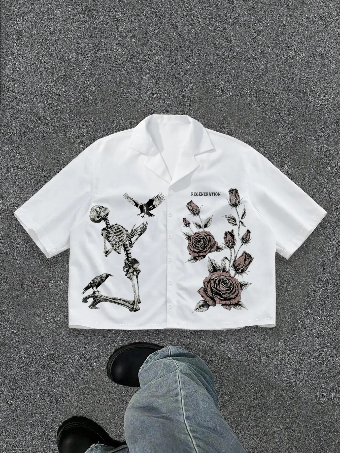 Men's Streetwear Skull Print Button-Up Shirt Vintage Style Casual Top, Casual Trendy Shirt, Loose-Fitting All-Season Fashion, Button Front Shirts