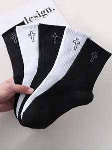 5 Pairs Unisex Cross Stitch Knit Mid-Calf Socks, Warm Casual Sports Cotton Socks, Soft Comfortable Fashion for Fall Winter