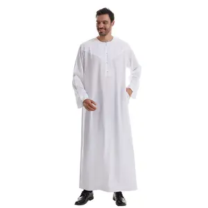 Modest Muslim Thobe for Men - Ramadan Eid Prayer Robe Solid Color Long Sleeve Loose Fit Breathable Cotton Woven Design mens  thobe menabaya