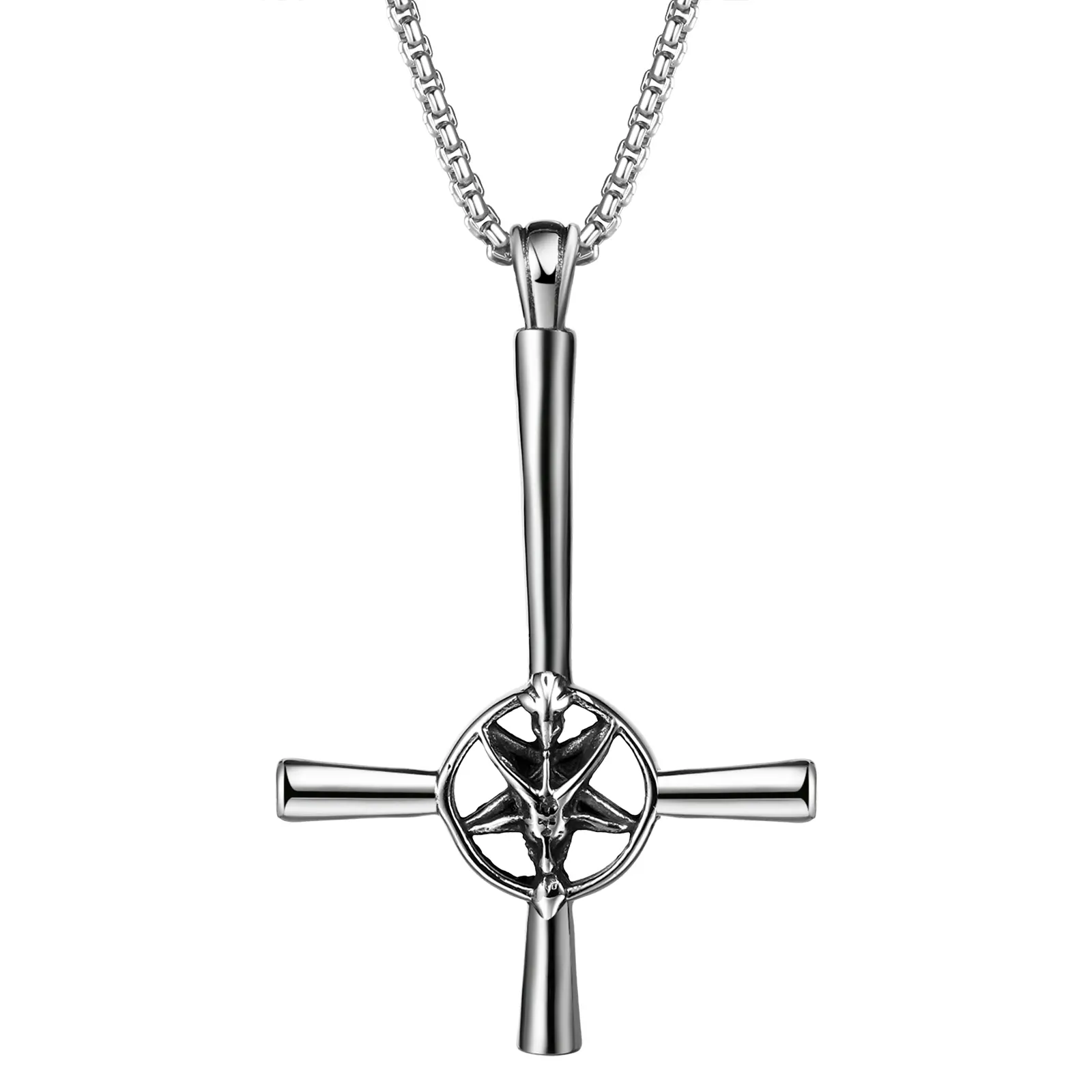 OIDEA Satanic Inverted Cross Necklace - Stainless Steel Goat Head Pendant, Gothic Design Occult Jewelry with Pentagram, Baphomet Symbol Religious Amulet for Menfolk