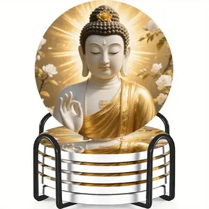 6-Piece Coaster Set Featuring Compassionate Buddhist Imagery Buddha Design, Decorative Ceramic Material Non-Slip Heat Resistant, Ideal for Coffee & Drink Home Decor Gift
