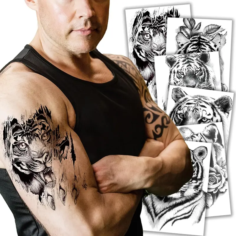 6 Pcs Tiger Temporary Tattoo Stickers, Waterproof Realistic Floral Clock Design, Unisex Adult Body Art Decor, Western Gothic Watercolor Style