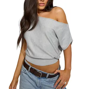 Hixiaohe Women's Off-the-Shoulder Top, Loose-Fit Asymmetrical Waist-Cinched T-Shirt, Summer Casual Y2K Style, Short-Sleeve Top for Outings