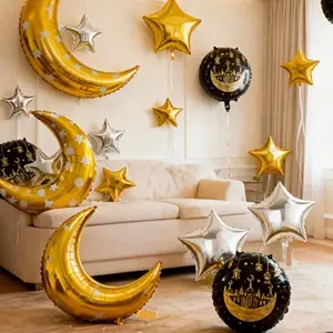 Eid Al Fitr Balloons - Gold Moon & Star Foil Balloons for Festive Decorations