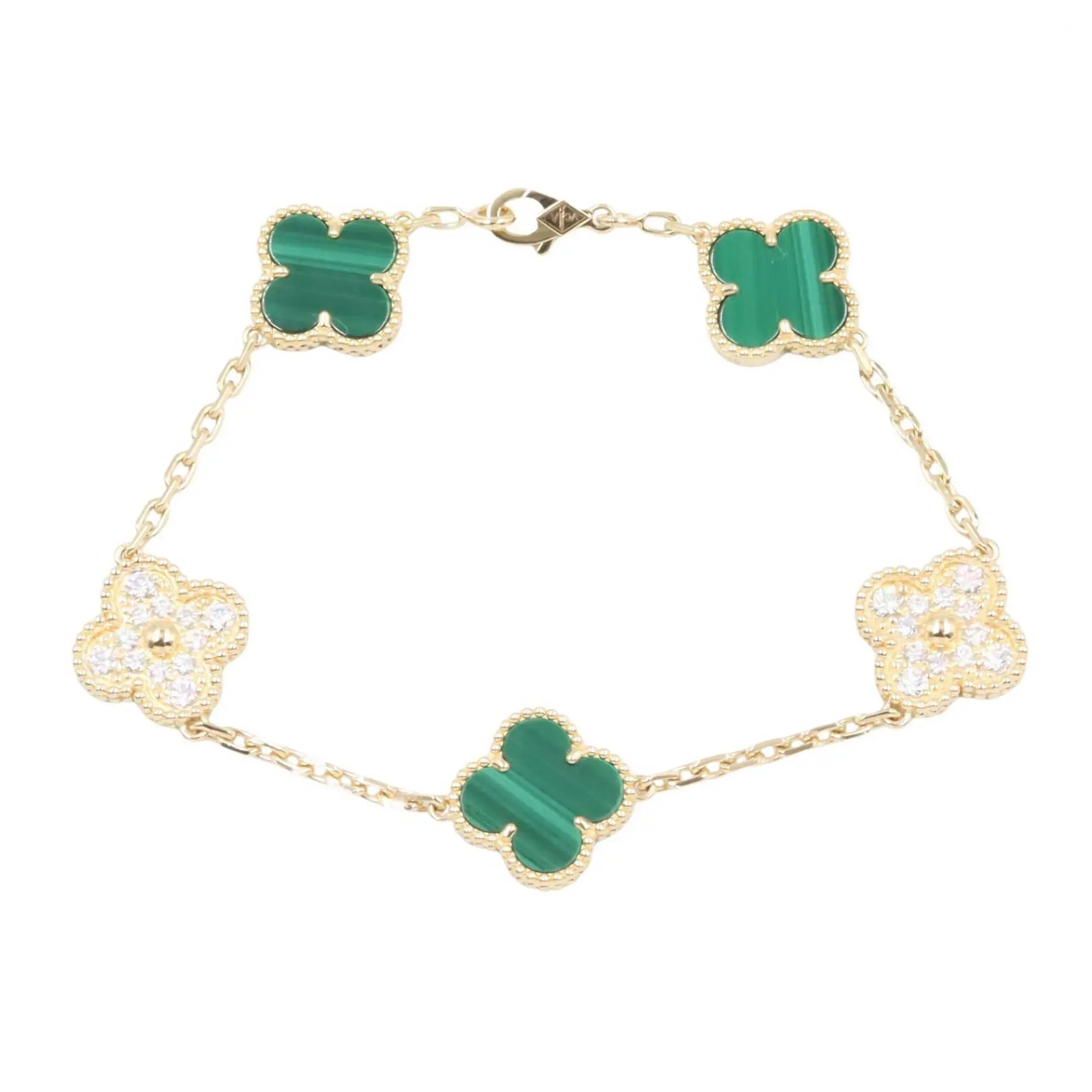 Pre-owned Van Cleef & Arpels 18K Yellow Gold (Au750) Small Leather Goods Vintage Alhambra Au750 Diamond Malachite Bracelet