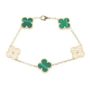 Pre-owned Van Cleef & Arpels 18K Yellow Gold (Au750) Small Leather Goods Vintage Alhambra Au750 Diamond Malachite Bracelet