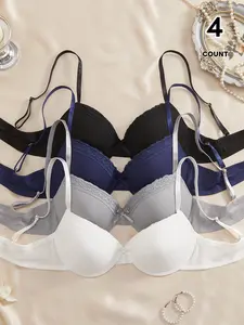 Women's Ribbed Lace Trim Push Up Bra, 4-Pack Comfortable Basic Underwire Everyday T-Shirt Bras, Fitted Design for All Seasons, Underwear