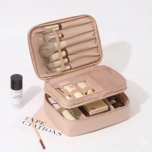 Large-Capacity Travel Makeup Bag, Portable Waterproof Cosmetic Organizer with Brush Holders, Soft Toiletry Bag for Girls, Essential for Daily Use and Vacations