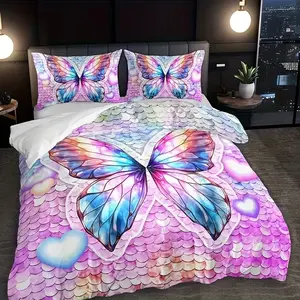 3-Piece Iridescent Butterfly Print Duvet Cover Set, Bedroom Bedding Set, Includes 1 Duvet & 2 Pillows, Soft Polyester Fabric, Ideal for Bedroom Decor