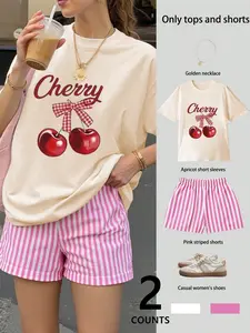 Women's Two-Piece Set Milk Silk Fabric, Smooth Breathable Comfort, T-Shirt & Striped Shorts, Casual Fashion Trendy Sport Outdoor Tops, Womenswear