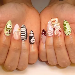 Mismatched 3D Kawaii Cat Press on Nails with Piano Apple & Lace | Fake Nails in Short Almond | Chocolate Pastel Coquette Art