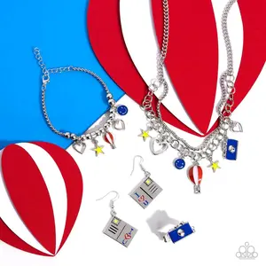 Fashion Fix Set - Necklace Bracelet Ring Earrings Multicolor Stones Silver Metal