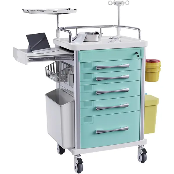 Rolling Crash Cart Medical with Drawers - Adjustable IV Pole, Silent Casters, Needle Disposal Holder, Trash Bin, O2 Holder, Utility Trolley Cart for Clinic, Hospital, Salon, Lab