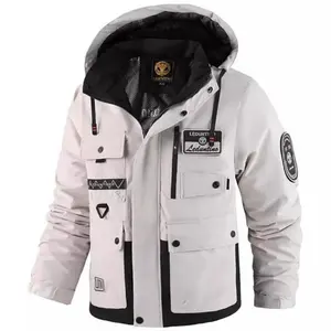 Men’s winter hooded jacket lined with wool, featuring thick insulation, a full front zipper, an adjustable drawstring hood, and multiple pockets, suitable for outdoor exploration, camping, and casual sportswear. The men's jacket is fashionable
