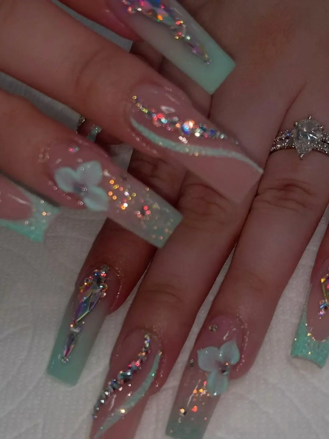 Summer 3D Mint Green Flower XL Square Press On Nails | Whimsical Swirl Glitter & Rhinestone Luxury Nails | Trendy Y2K Vacation Nail Art