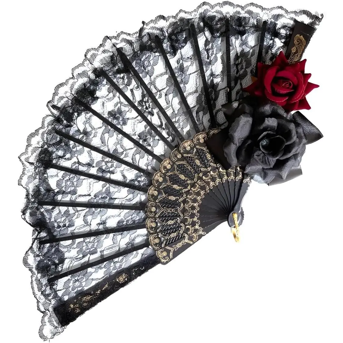 Women's Vintage Black Lace Rose Cloth Hand Fan - Large Spanish Folding Fan, Festive Wedding Accessories for Halloween Party Cosplay, Photo Props & Gift (Home & Party Supplies)