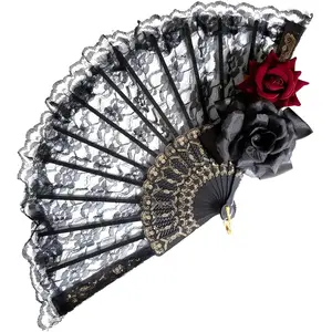 Halloween Black Hand Fan Lace Rose Handheld, Vintage Retro Flower Spanish Large Folding Fan for Women Girls Halloween Party Cosplay Costume Photo Props, Party Performance, Dance, Decorations, Gift