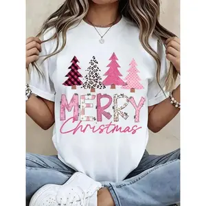Merry Christmas T-Shirt For Women Festive Pink Plaid & Leopard Print Trees Design Holiday Seasonal Graphic Tee Cute Xmas Party Gift Idea 100% Cotton Fabric Regular Fit Short Sleeve Tops Style Lightweight