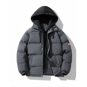 Men's Patchwork Letter Patched Drawstring Hooded Puffer Jacket, Regular Fit Casual Pocket Long Sleeve Zip Up Outerwear for Winter, Men's Clothes for Daily Wear