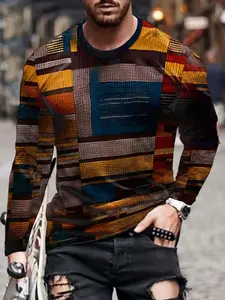 Men's Fashion Square Print Long Sleeve Shirt, Street Style 3D Print Casual Sports Leisure Top, Micro Stretch Fabric, Round Neck