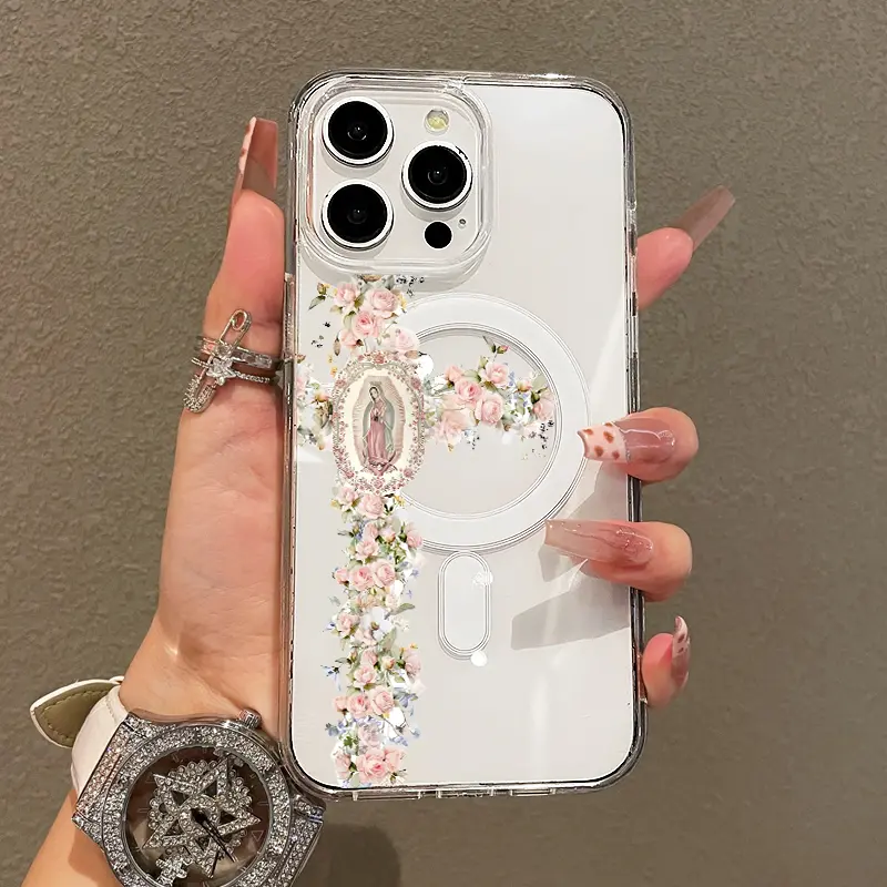 Soft Girl MagSafe Magnetic Smartphone Case - Guadalupe Floral Cross, Lightweight, Drop-Resistant Cover for Teen Girls, Fits iPhone 11-17 & Samsung S21-S26 Handheld Cellphone Devices