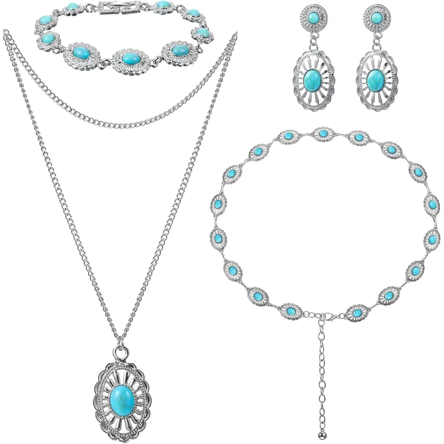 Women's Retro 4-Piece Bohemian Zinc Alloy Costume Jewelry Set with Turquoise Stones - Adjustable Sizes, 1 Turquoise Belt, Layered Necklaces, 1.97-in Bracelet, 1 Pair of Western Earrings (2.2-in Drop) for Everyday Wear