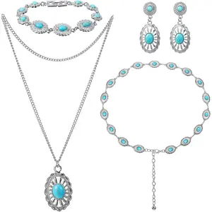 4 Pcs Women Bohemian Turquoise Jewelry Set Vintage Necklace Classic Dangle Earrings Bracelet Western Adjustable Belt