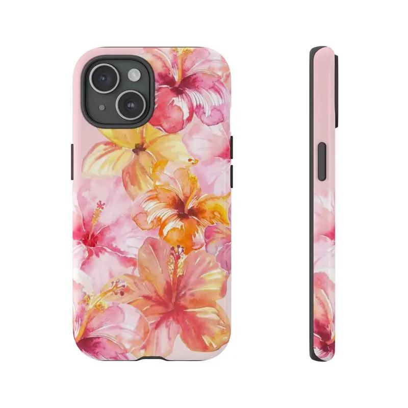 Tropical Flower Protective Casing for Multiple Phones - iPhone 11/12/13/14/15/16/17 Pro, ProMax, Plus, Air, PC+TPU Polycarbonate Dual-Layer Vibrant Pink & Orange Hibiscus Strapless Cellphone Accessory, Gift for Her