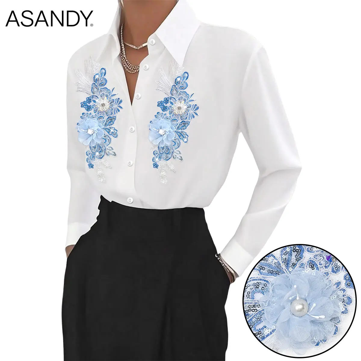 ASANDY Women's Elegant Long Sleeve Blouse with 3D Floral Applique, Sparkly Hand-Sewn Sequins and Pearls, Collared Blue Shirt for Date Night, Lady, Shirts, Flowers, Date Night Top, Going Out, Glitter, Tops, Dressy Tops