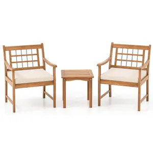 COSTWAY - 3 Piece Wood Patio Furniture Set with Seat Cushions and Acacia Wood Frame-White