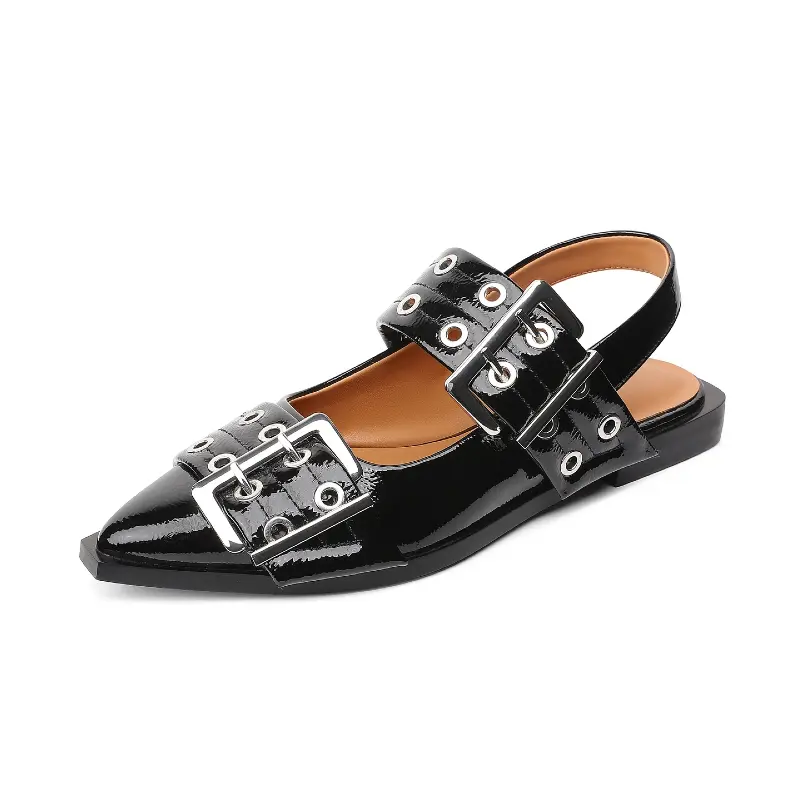 Women's Fashionable Pointed-Toe Sandals - Cuban Block Heel Footwear with Embellished Buckle Ankle Strap