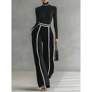 Women's urban style black and white contrast stitching wide-leg pants, casual high-waisted pants, suitable for daily commuting wear