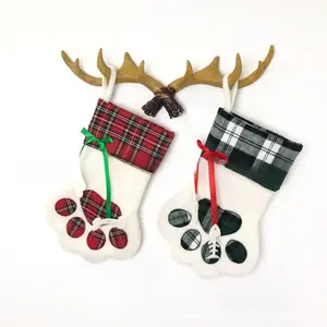 2PCS Pet Christmas Stockings - Plaid Dog Paw Stockings for Pet Gifts & Holiday Home Decor