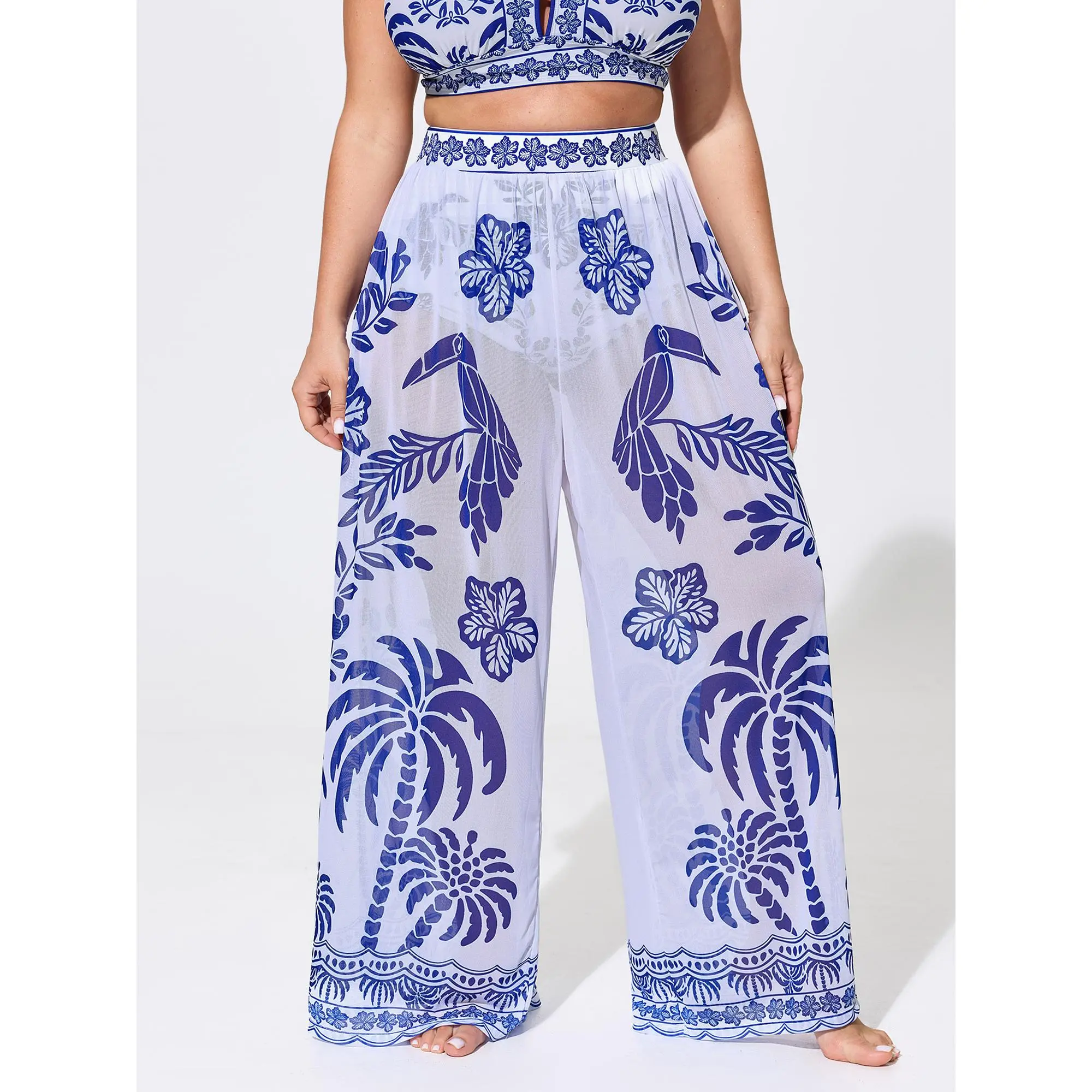 BLOOMCHIC Plus Size Sheer Pants Two-Piece Tropical Swim Bottoms M-6X,Summerfinds