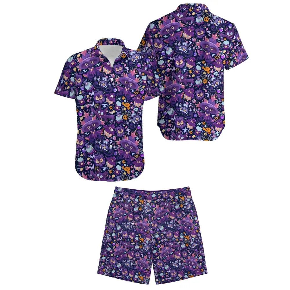 Mismagius PKM Pocket Monsters Matching Hawaiian Shirt Shorts Set Men, Dark Purple Skull Star Anime Print Summer Set, Perfect Gift for Boyfriend