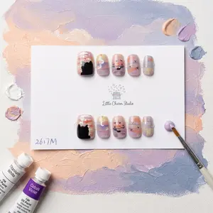2617M Trending wearable nails cute purple sunset cat sky sea must have style print Reusable Press-On Nails