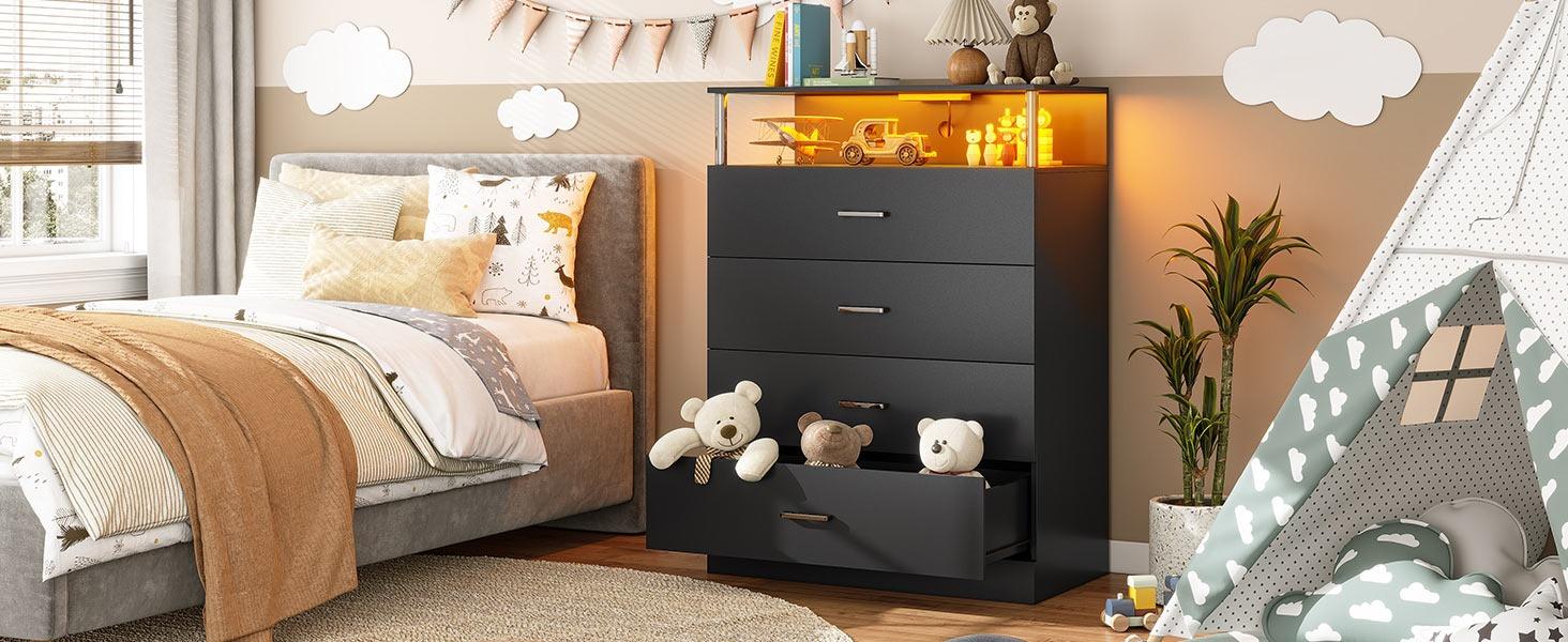 Sikaic 4 Drawers Led Tall Dresser Home Storage Cabinet with Charging Station for Bedroom Closet