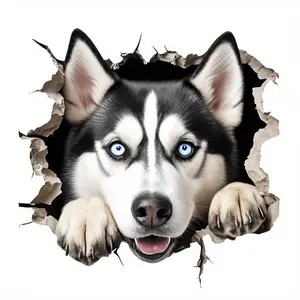 3D Siberian Husky Wall Breaking Self Adhesive Stickers - Smooth Surface Stickers for Cars, Motorcycles, Laptops, and Water Bottles - Fun Cartoon Dog Pattern, Realistic Tear off Effect, Husky Car Decoration, Eye catching Decorative Stickers
