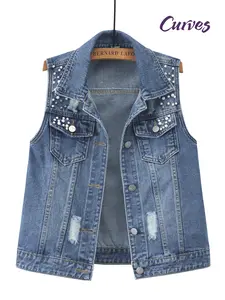 Women's Casual Denim Jacket - Sleeveless Lapel Design, Smooth Nylon Fabric, Solid Color, Pearl Details - Spring/Summer Seasonal Wear | Machine Washable | No Lining