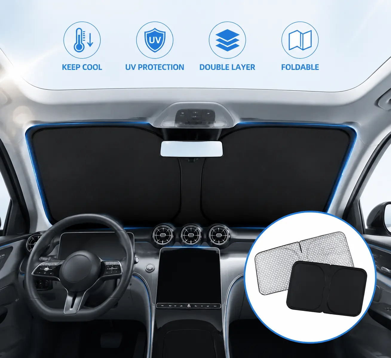 Custom Fit Windshield Sun Shade for Cars, Double-Layer Heat Insulation Sunshade, UV Blocker Keeps Interior Cool, Foldable Car Front Window CoverCar Cooling Accessories Summer Car Essentials #CarSunShade #WindshieldSunShade #CarAccessories#CarProtection