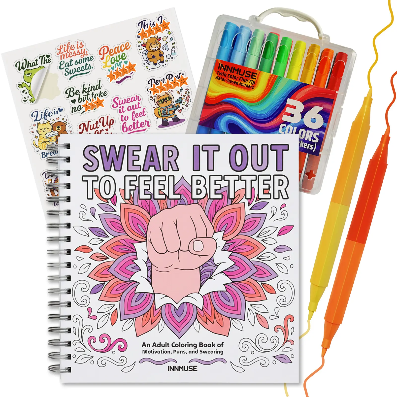 INNMUSE Swear It Out to Feel Better Adult Coloring Book Set with 36 Markers in a Case & Funny Stickers Stress & Anxiety Relief Coloring Kit Relaxation Gift for Women relaxing activity