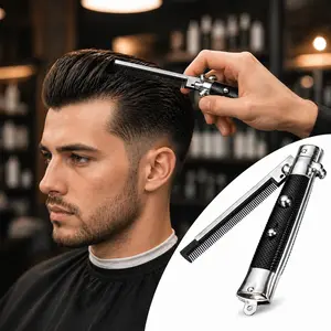 Folding Pocket Comb with Push Button, Switchblade Style Folding Hair Comb, Portable Travel Comb for Men, Stainless Steel Handle Compact Grooming Comb, Lightweight, Hair Styling Tools