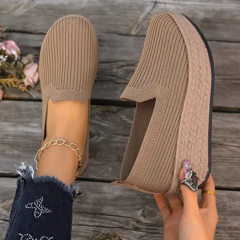 Women's Thick-Sole Wedge Sneakers, Casual Shoes, Walking Shoes, Brown, Lightweight Breathable Knit, Arch Support Pain Relief for All-Day Standing, Work, Shopping and Outdoor Activities