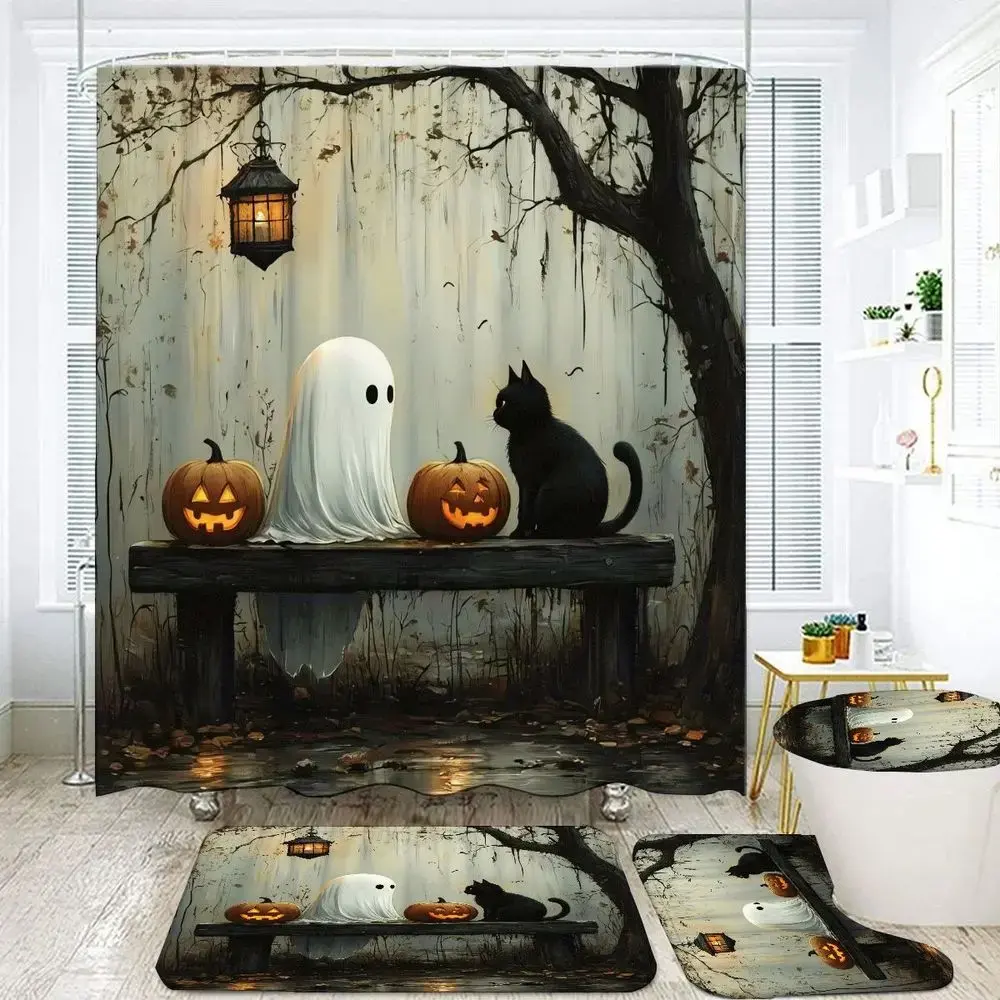 1/4Pcs Halloween Spooky Forest Ghost Decorative Shower Curtain Set with Black Cat & Glowing Jack-o-Lanterns, Wet Night Lantern Backdrop Bath Mat Set Printed Vintage Eerie Style for Fall Party Home Decor