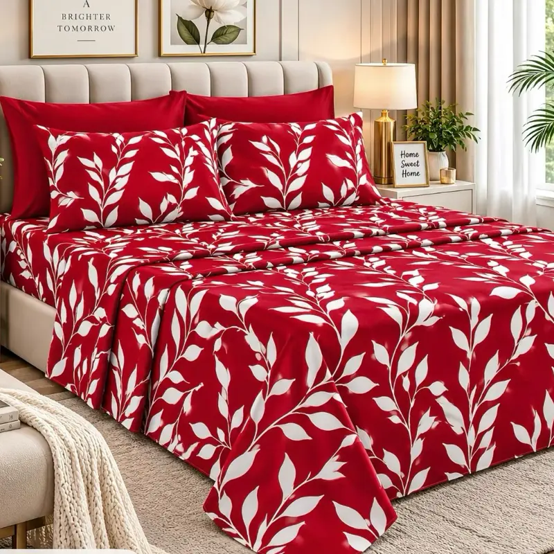 Silky 6-Piece Luxury Printed Bedding Set, Soft Cotton-Feel with 16" Deep Pocket Fitted Sheet, Flat Sheet & 4 Pillowcases, Floral & Modern Patterns, Breathable Easy-Care