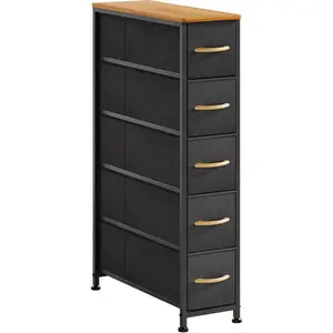 Narrow Dresser Storage Tower with 5 Drawers, Slim Dresser Chest of Drawers with Steel Frame,  Top, Dresser for Bedroom, Bathroom, Small Spaces, Laundry, Closet, Black