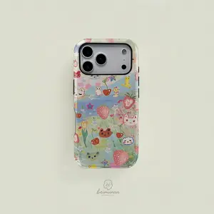 Cartoon Cat Strawberry Print Phone Case, Vibrant Durable Two-In-One Protection, Fits iPhone 17 16 15 14 13 12 Pro Max, Samsung Galaxy S25 S24 S23 S22 Ultra Series